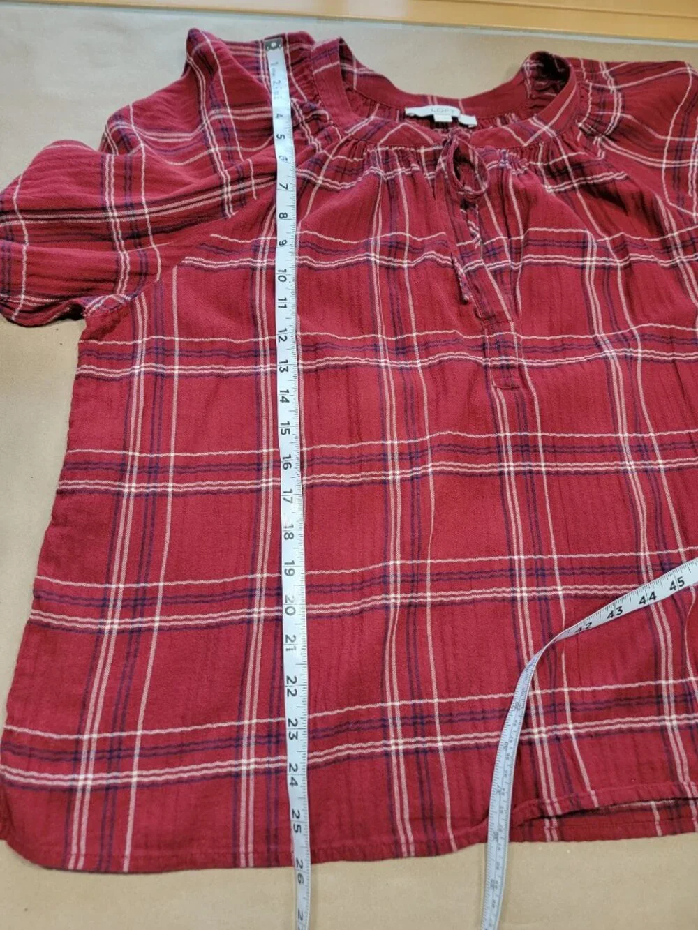 Loft Size XL Burgundy , White and Blue Plaid Split Neck Puffed Sleeve Blouse